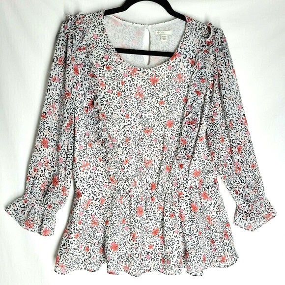NWT Cato Est.1946 Womens Blouse Cheetah Floral Print Peplum Dolman Sleeve 14/16W - Picture 1 of 11